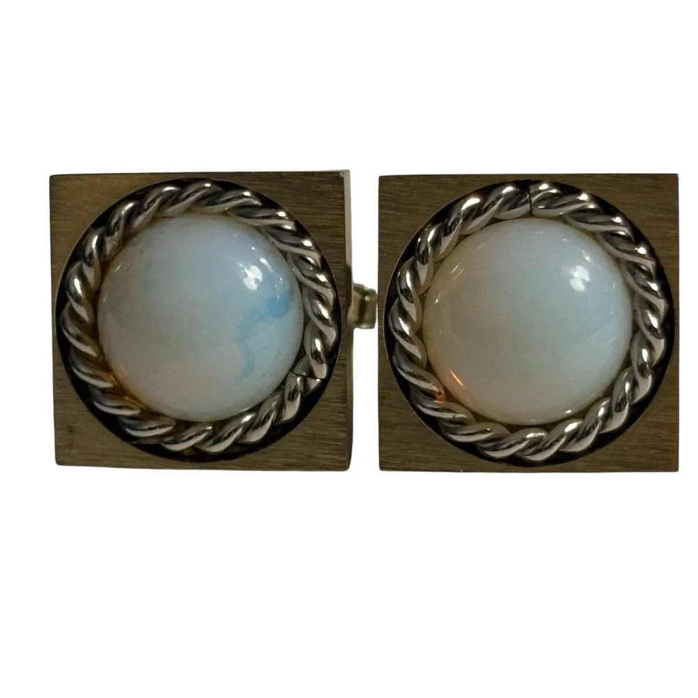 Foster Cufflinks Tie Tac Pin Set Cloudy White Round Acrylic Center Gold Tone VTG
